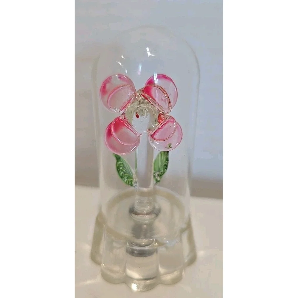 Small Mini Glass Pink Glass Flower encased in a Glass Case 3.5 inch